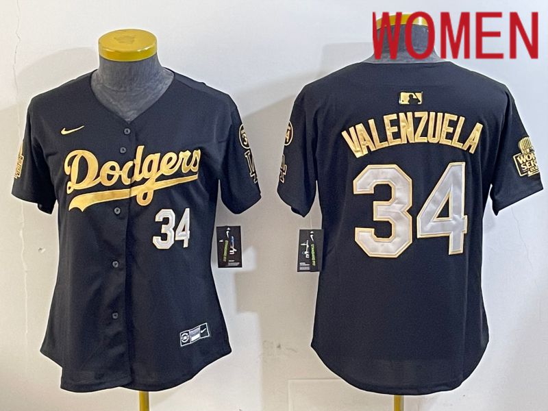 Women Los Angeles Dodgers 34 Valenzuela 2024 World series patch black jersey 202411201